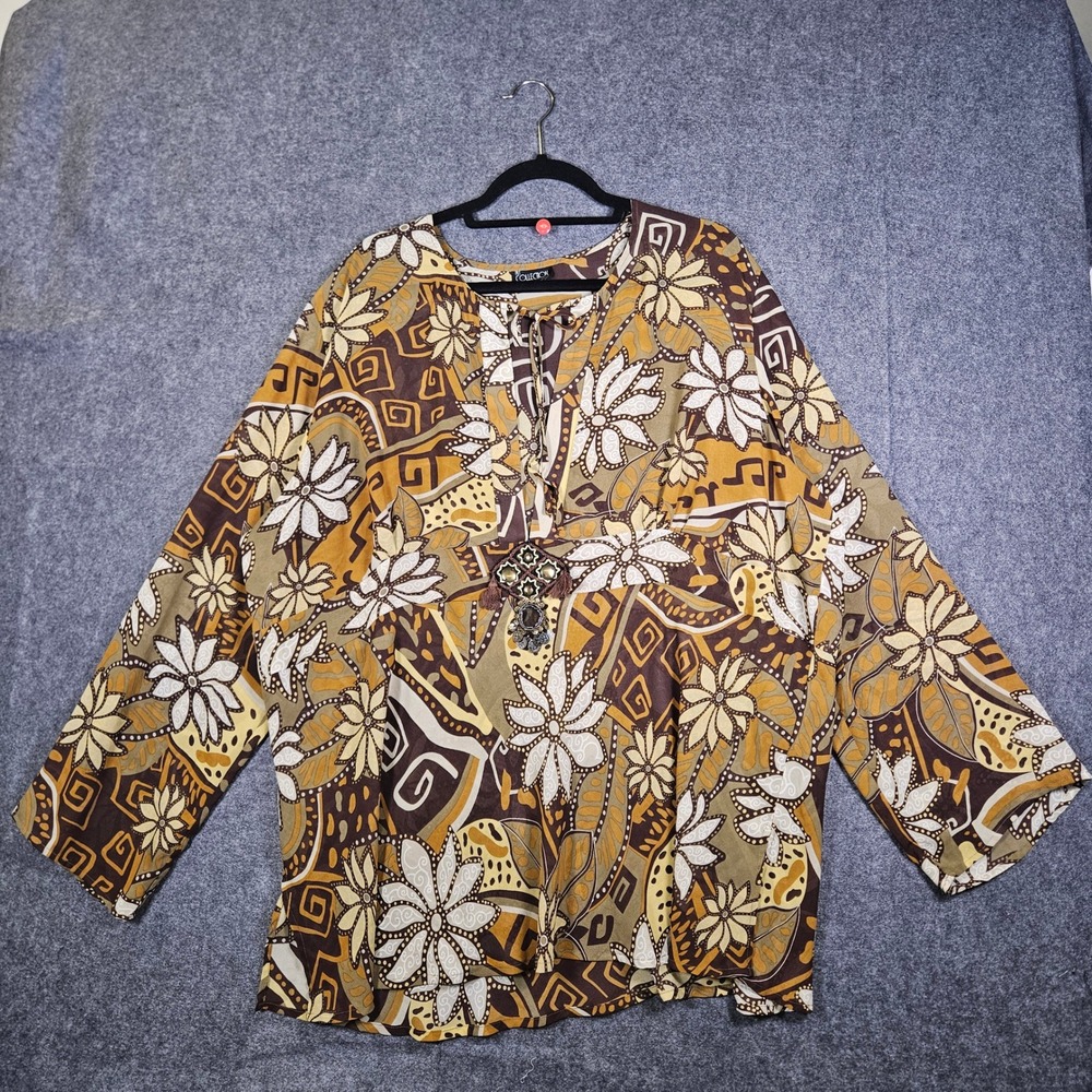 Womens Brown Floral Boho Embellished Tassel Tribal Granola Whimsical Tunic READ